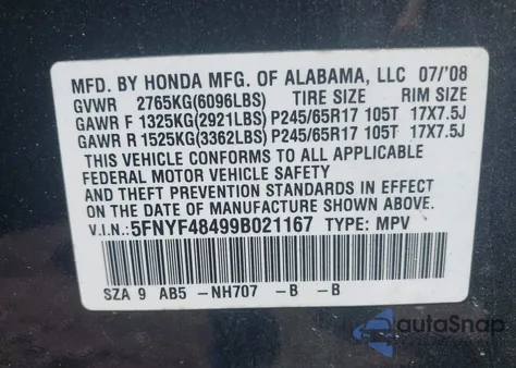 2009 Honda Pilot Ex from USA, damaged, VIN 5FNYF48499B021167